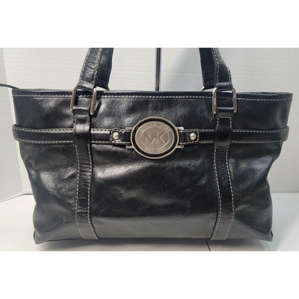 MICHAEL KORS LARGE BLACK LEATHER TOTE SILVER TONE HARDWARE